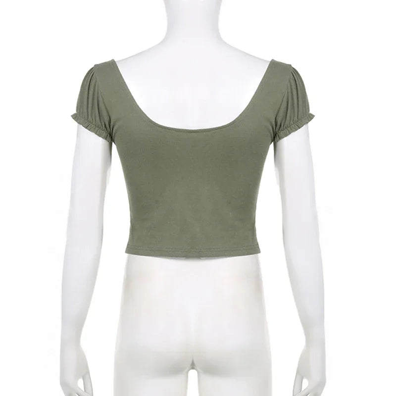 y2k Green Lace Crop Top Trim Square Collar Short Sleeve T Shirt Women Fairycore Balletcore Chic Tee Summer Korean 90s crop top LUNARITY GARAGE