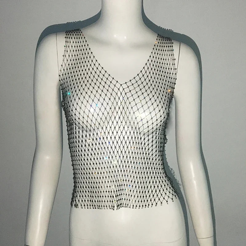 Sexy Shiny Rhinestone Fishnet Women Y2K Tank Tops See Through Crop Top Summer Beach Cover Up Tops Party Nightclub Women Clothing LUNARITY GARAGE Black L