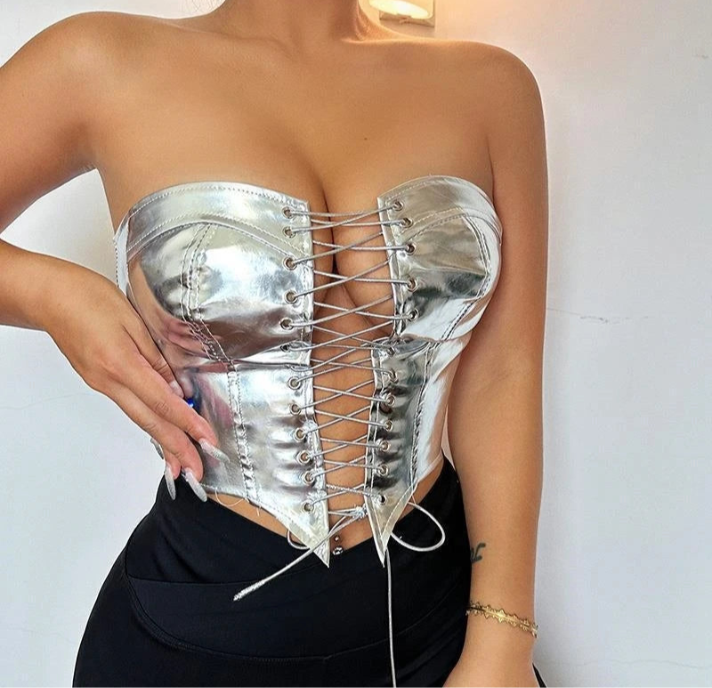 Women PU Leather Bustier Crop Top with Asymmetrical Strapless Lace-Up Design Tops LUNARITY GARAGE