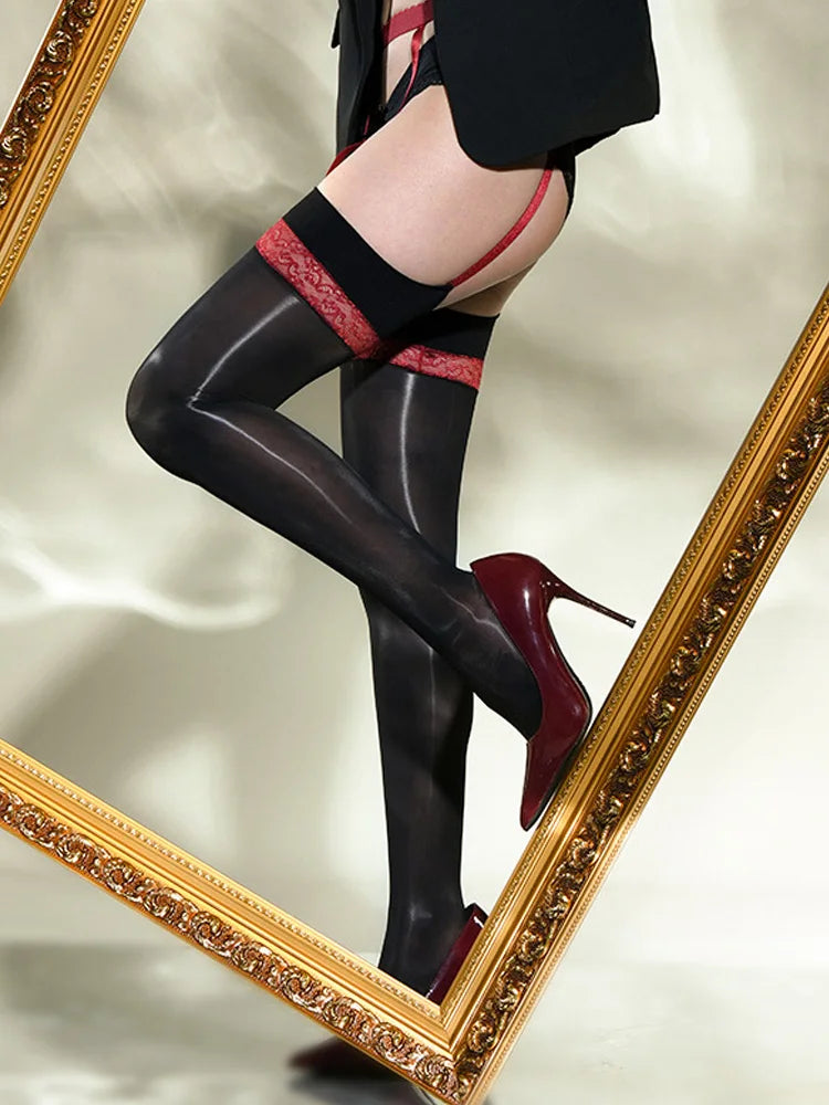 Sexy Women Lace 8D Elastic Pantyhose – Shiny Glossy Sheer Hollow-Out Tights