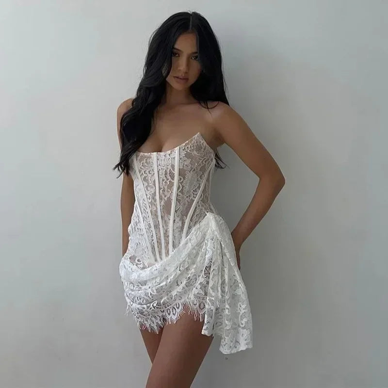 White Lace Asymmetric Corset Mini Dress | Sexy Strapless Clubwear Dress LUNARITY GARAGE