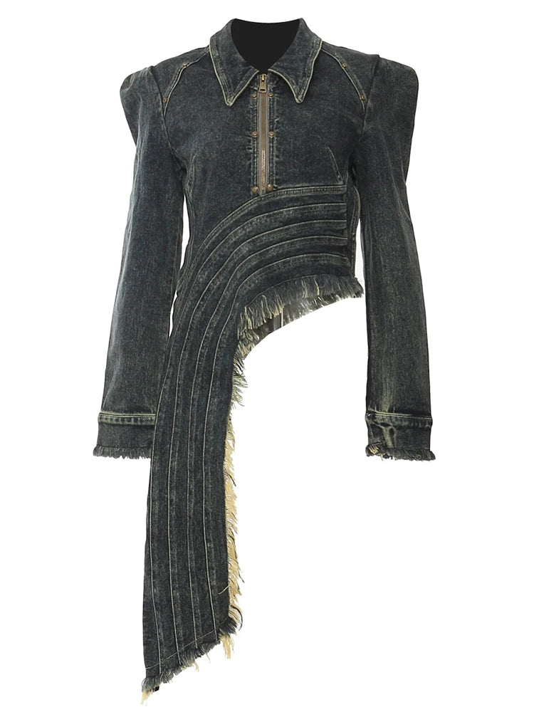 Denim Coat Lapel Zipper Short Patchwork Washed Tassel Slim Streetwear Jacket jackets LUNARITY GARAGE