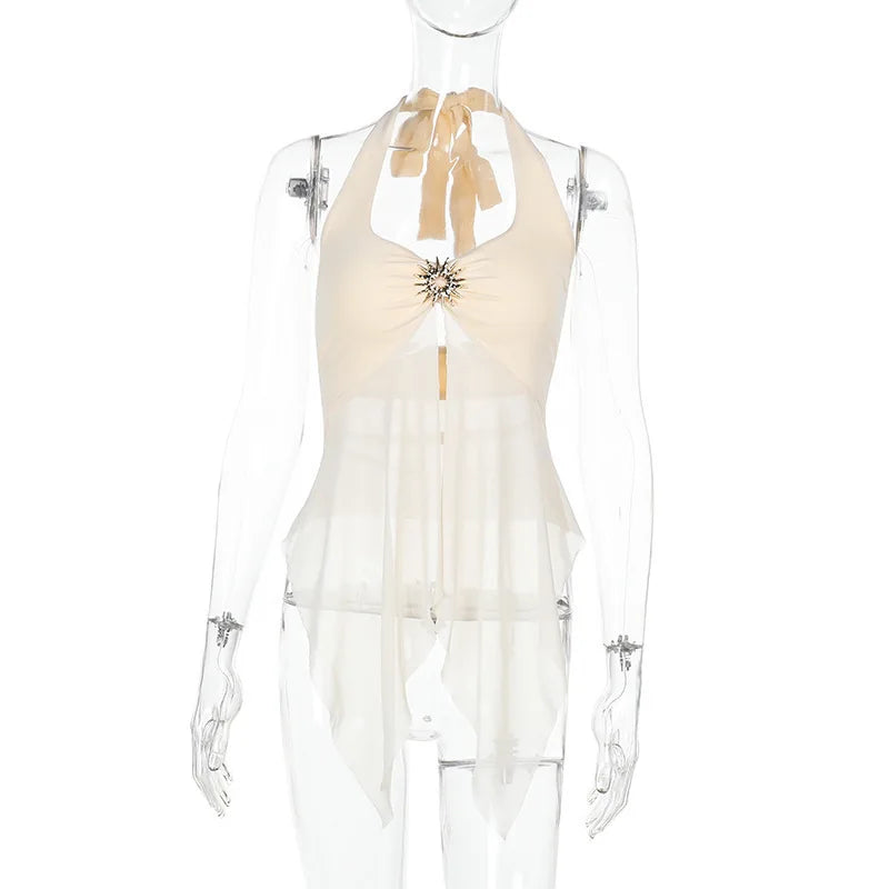 Halter Tie-Back Sheer Mesh Tank Top - Metal Accents Backless Y2K Vest Tank top LUNARITY GARAGE