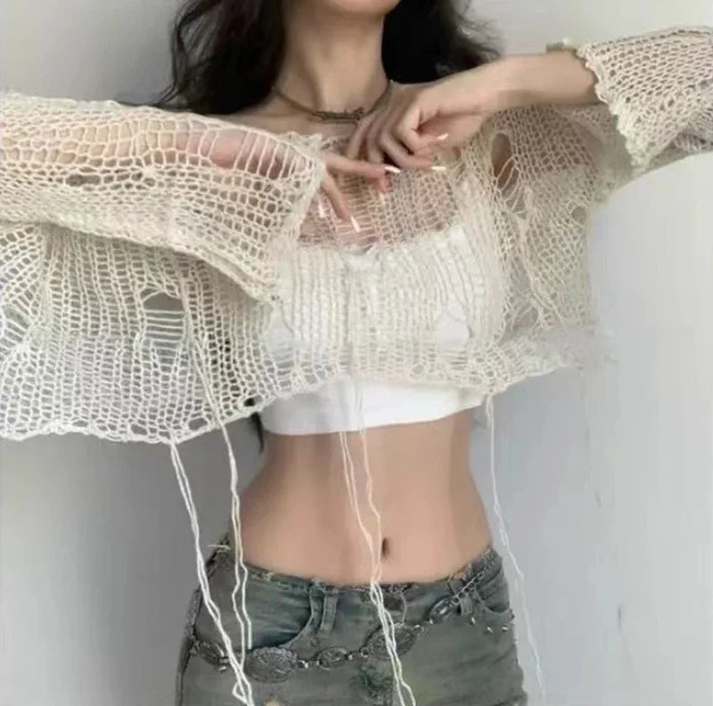 Boho Knitted Hollow Out Crop Tee – Vintage Y2K Loose Fit Ripped Long Sleeve Jumper for Women crop top Lunarity Garage