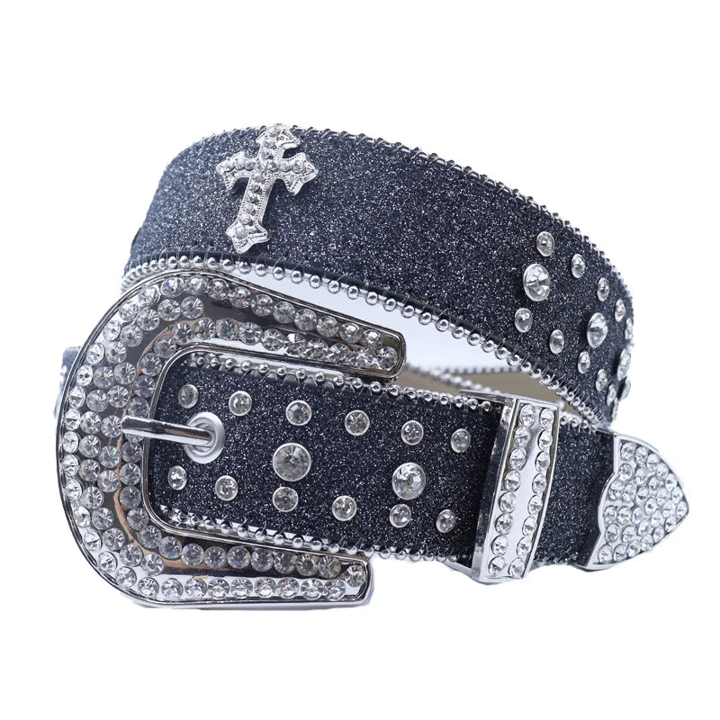 Shine Rhinestone Punk Cowboy Belt - Unisex Y2K Crystal Belt for Jeans & Pants Belt LUNARITY GARAGE White Cross 145cm