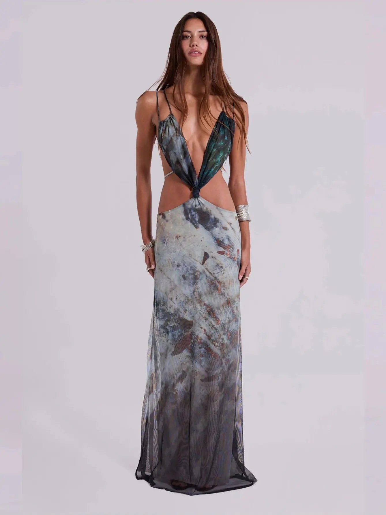 V-Neck Long Dress Women | Summer Party Cut Out Slit Maxi Dress | Ruched Print Holiday Beach Robe Dress LUNARITY GARAGE