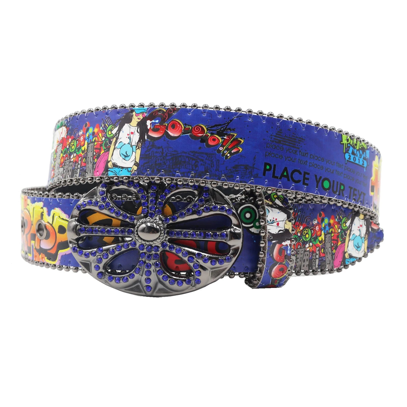 Bohemia Hip-Hop Graffiti Print Rhinestone Belt – Cowgirl & Cowboy Bling belt LUNARITY GARAGE Blue 105CM