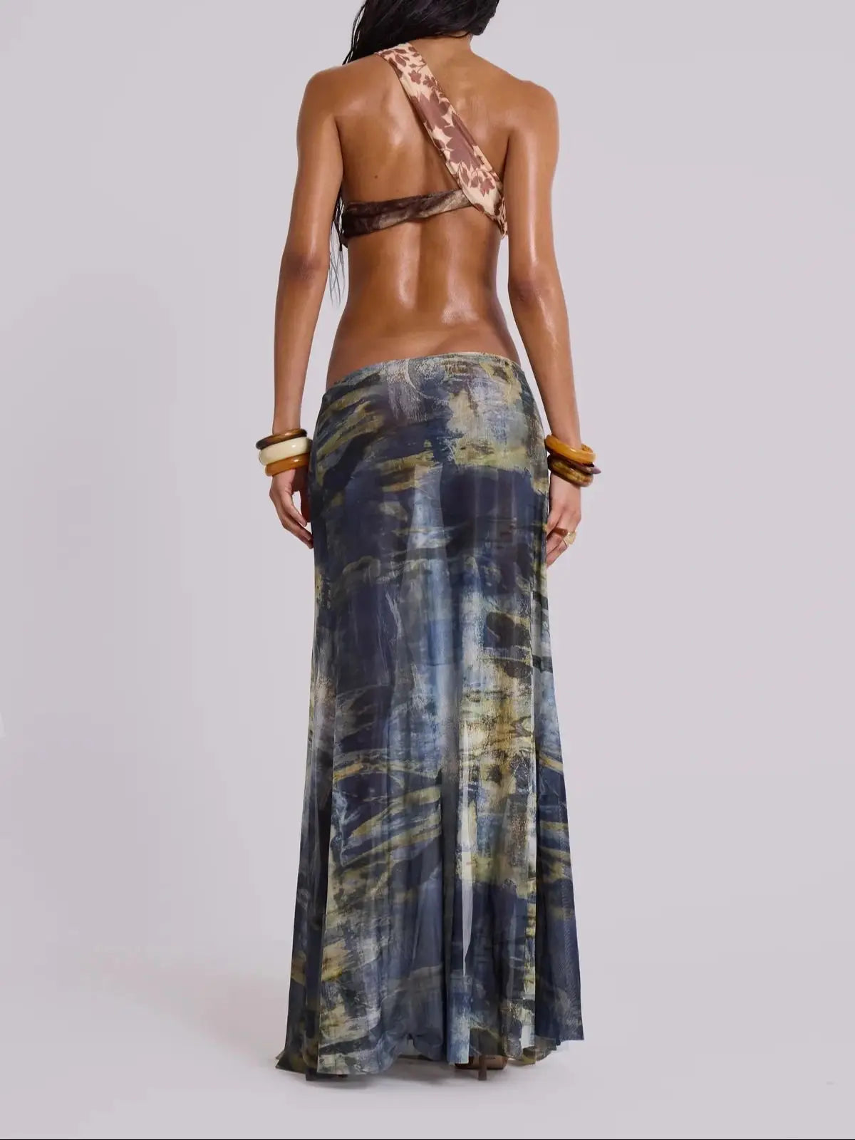 Mesh Long Dress Women | Summer Party Cut Out Ruched Print Cover Up Maxi Dress Dress LUNARITY GARAGE