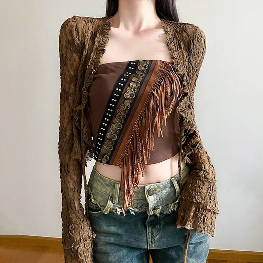 Exotic Ethnic Style Strapless Fringed Top with Metal Retro Decoration – Slim Fit Indie Folk Y2K Tank Tops LUNARITY GARAGE   