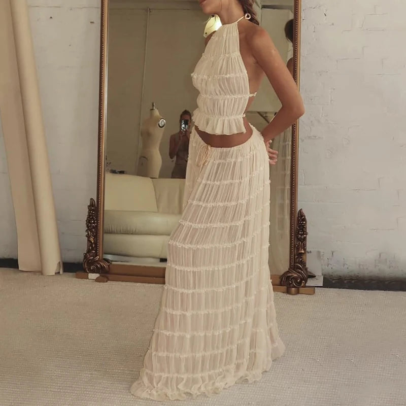Boho Backless 2-Piece Set – Halter Ruched Cami Top & Maxi Skirt Clothing Set LUNARITY GARAGE