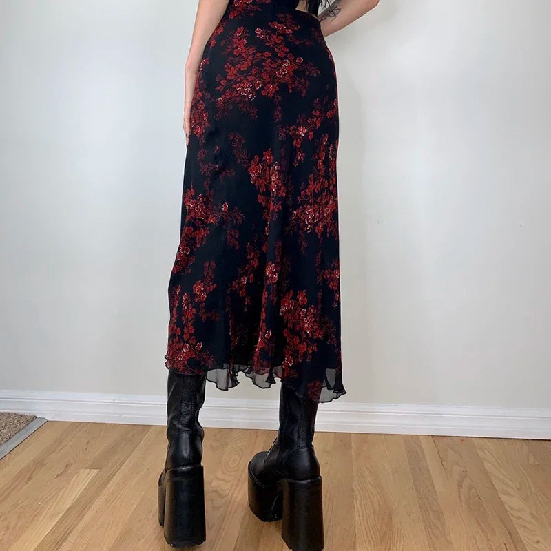 Combhasaki Women's Y2K Retro Vintage Floral Printed High Waist Ruffled Elegant Elastic Waist Long Skirts Street Style Bottoms skirt LUNARITY GARAGE
