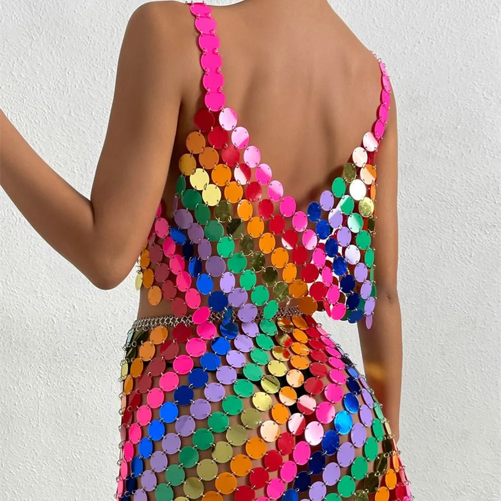 Colorful Glitter Sequins Camisole with Hollow Out Skirt Bikini Bra Chain | 2025 Summer Nightclub Party Jewelry Clothing Set LUNARITY GARAGE