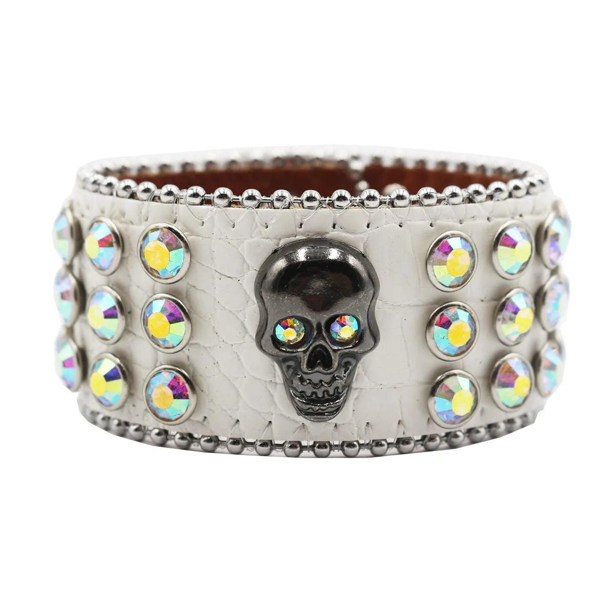 Wide Rhinestone Skull Bracelet – PU Leather Statement Cuff Bracelets LUNARITY GARAGE White