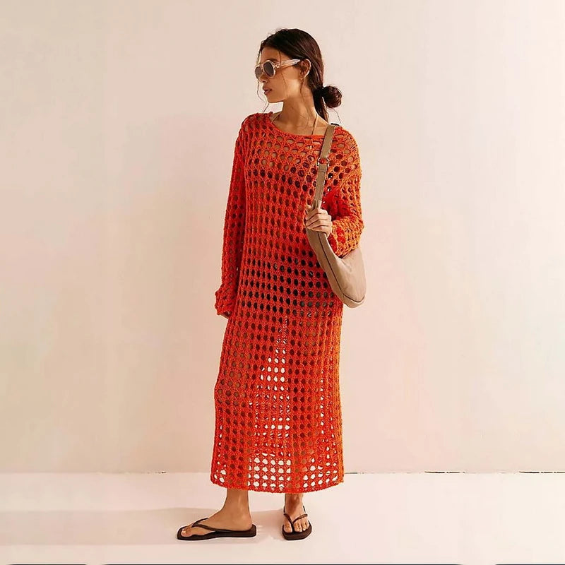 Hollow Out Knit Maxi Beach Dress covers up LUNARITY GARAGE Orange S