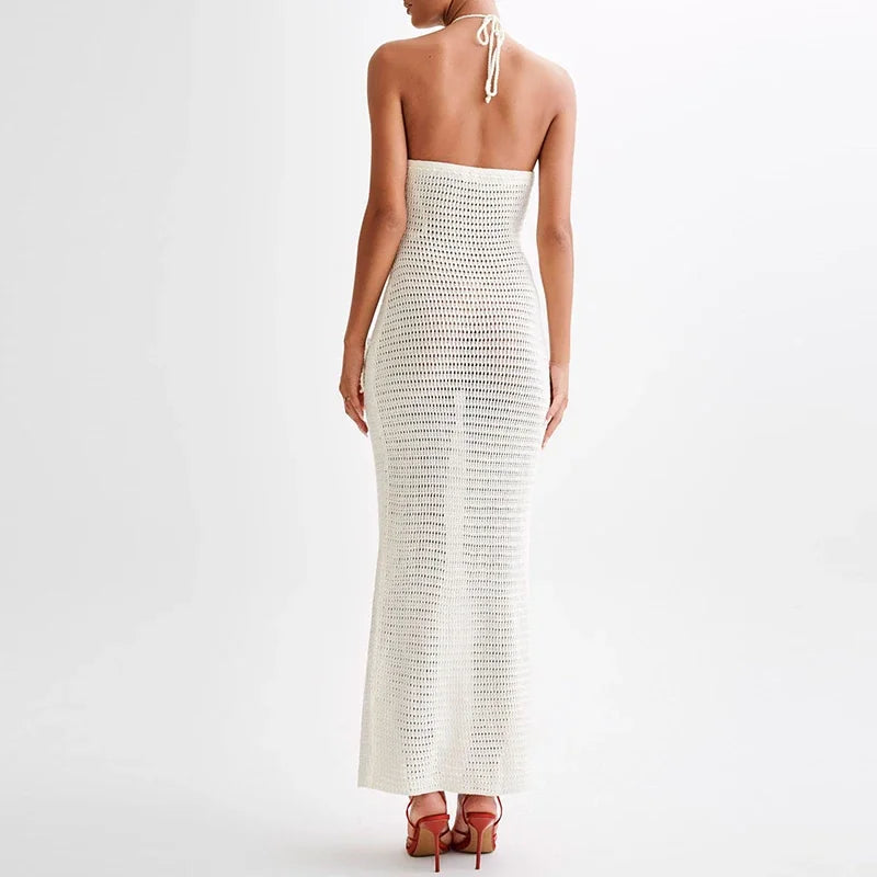 Elegant Beach Vacation Summer Trend Clubwear Bodycon Dress | Appliques Halter Sexy Flower Knit See Through Long Dress beach dress LUNARITY GARAGE