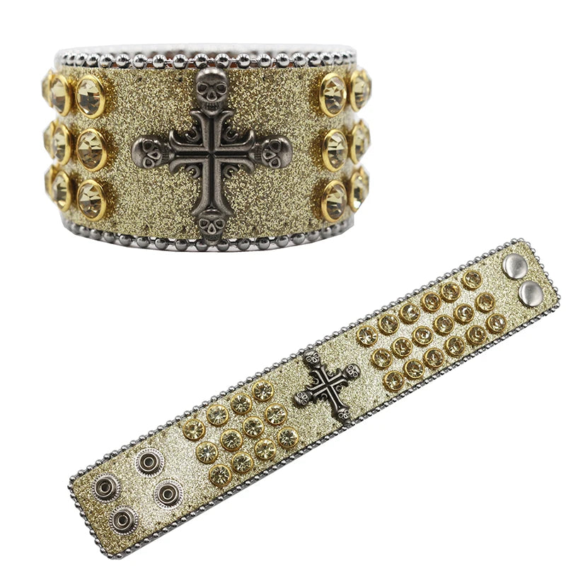 Exquisite Crystal Rhinestone Skull Cross Bracelet – PU Leather Party Jewelry Bracelets LUNARITY GARAGE SZKLT-Shiny gold
