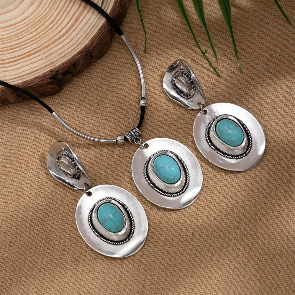 Creative Metal Cowboy Hat Pendant Necklace – Vintage Turquoise Jewelry Set Jewelry Set LUNARITY GARAGE