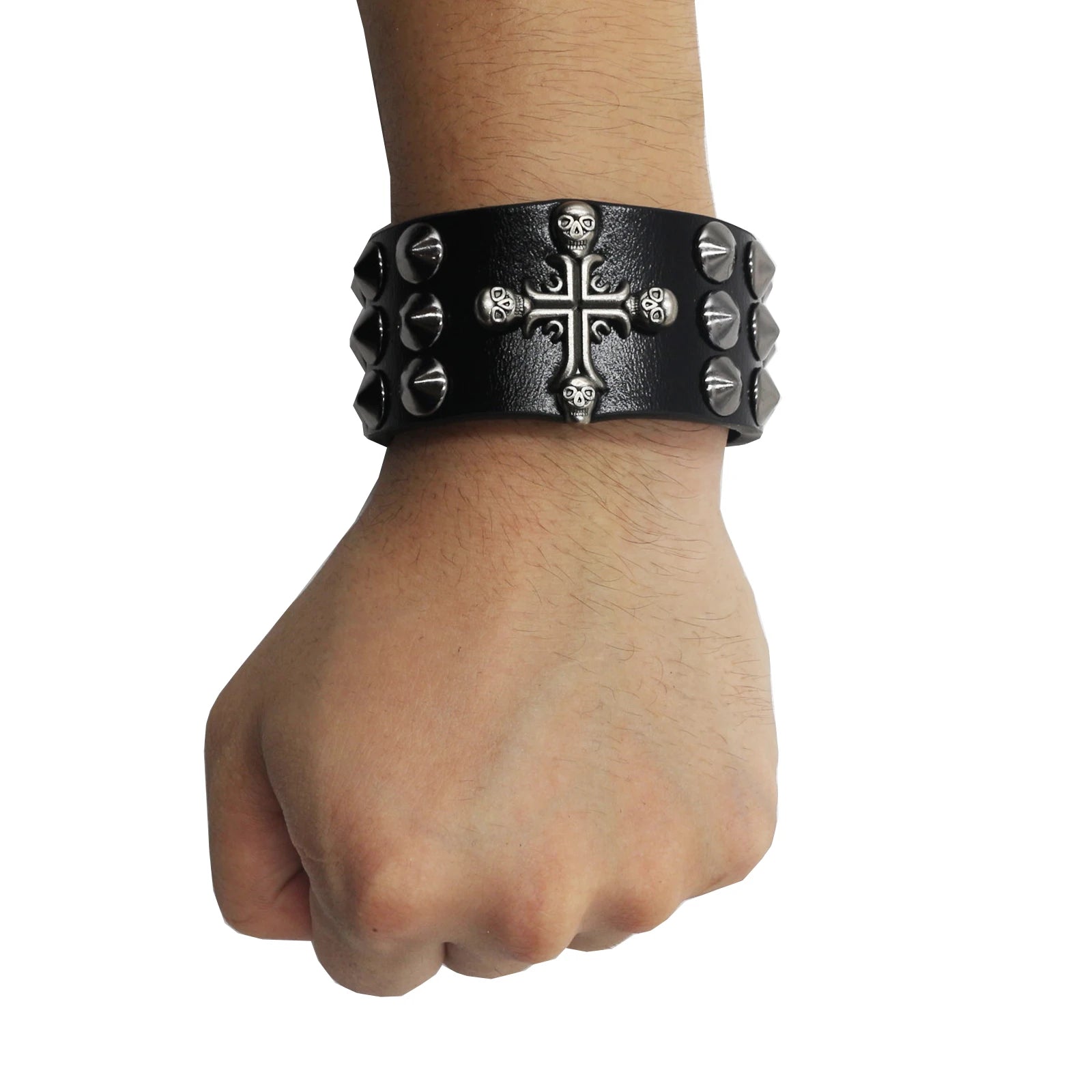 Skull Cross Rivet Wide Cuff Bracelet – Genuine Leather Punk Rock Bangle Bracelets LUNARITY GARAGE