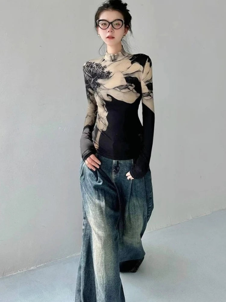 Vintage Floral Print Turtleneck T-Shirt - Korean Long Sleeve Tunic Tee BLOUSE LUNARITY GARAGE