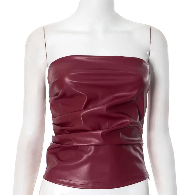 Wine Red Strapless Leather Top – Sexy Slim Fit Party Top Tops LUNARITY GARAGE