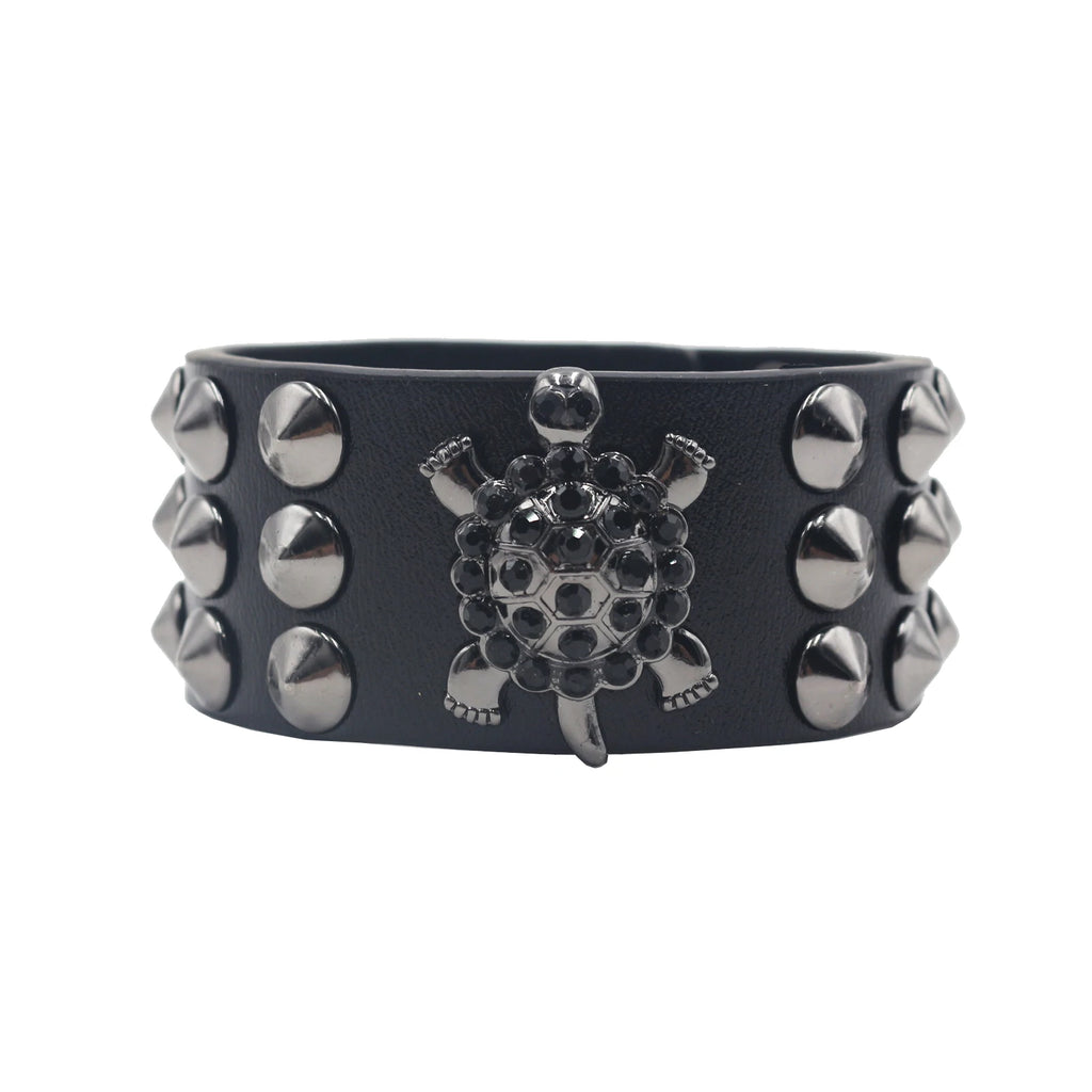 Skull Cross Rivet Wide Cuff Bracelet – Genuine Leather Punk Rock Bangle
