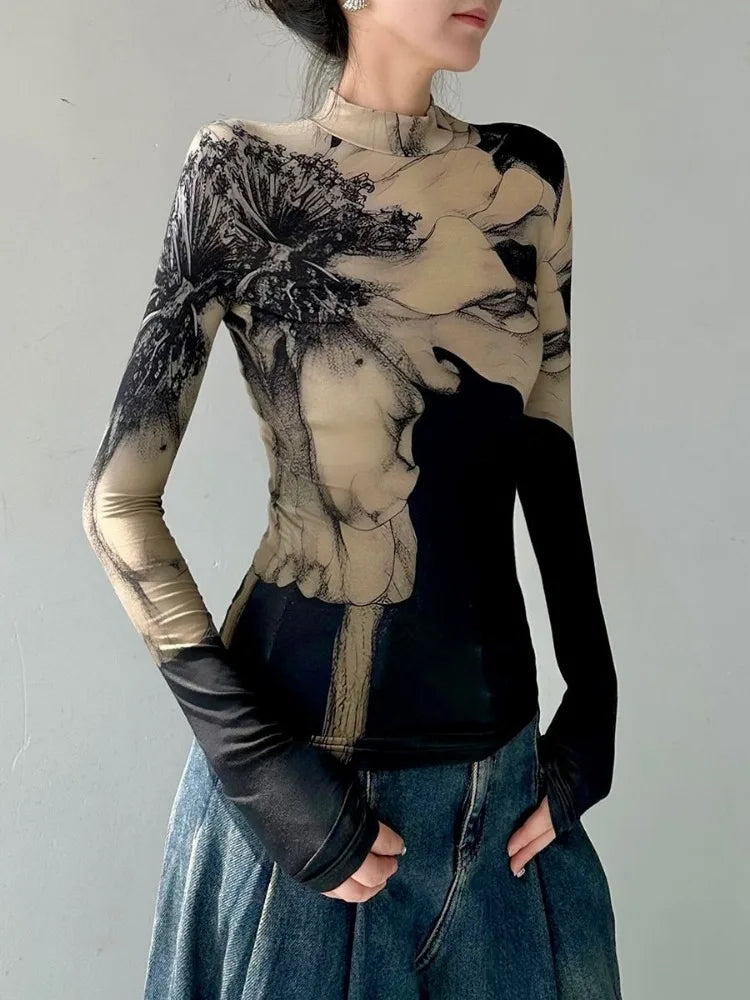 Vintage Floral Print Turtleneck T-Shirt - Korean Long Sleeve Tunic Tee BLOUSE LUNARITY GARAGE Black S