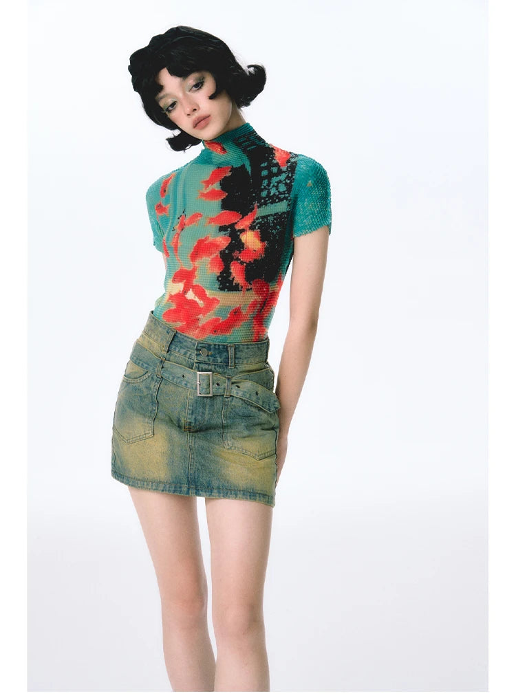 Women’s Tie-Dye Bodycon Crop Top – Short Sleeve Y2K Coquette Kawaii Aesthetic Tee Tshirt LUNARITY GARAGE