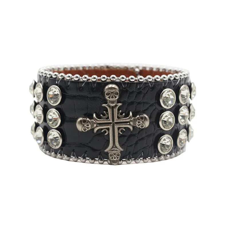 Exquisite Crystal Rhinestone Skull Cross Bracelet – PU Leather Party Jewelry Bracelets LUNARITY GARAGE