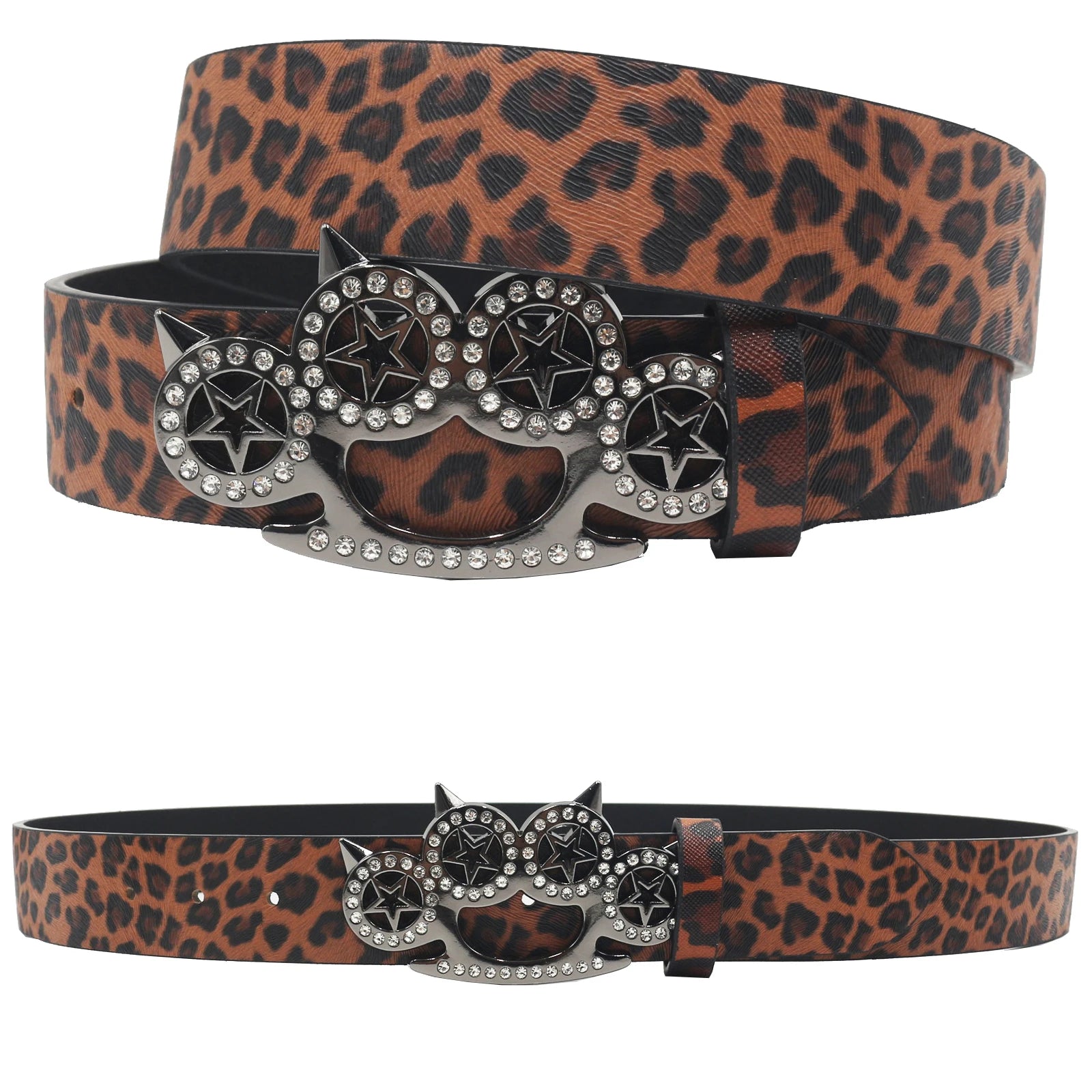 Leopard Print Trendy Rhinestone Belt – Elegant Shiny CAT Design (3.8cm) belt LUNARITY GARAGE Coffee 105CM