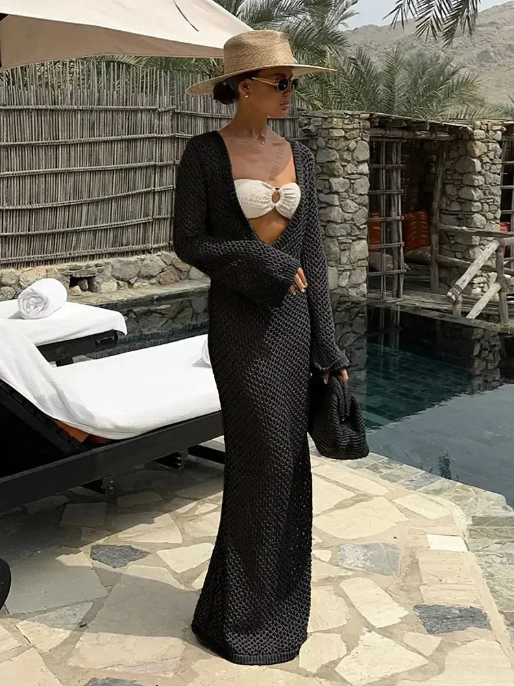 Sexy U-Neck Bell Sleeve Knit Maxi Dress | Summer Beach Cover-Up & Holiday Outfit K21 cover up LUNARITY GARAGE Black S