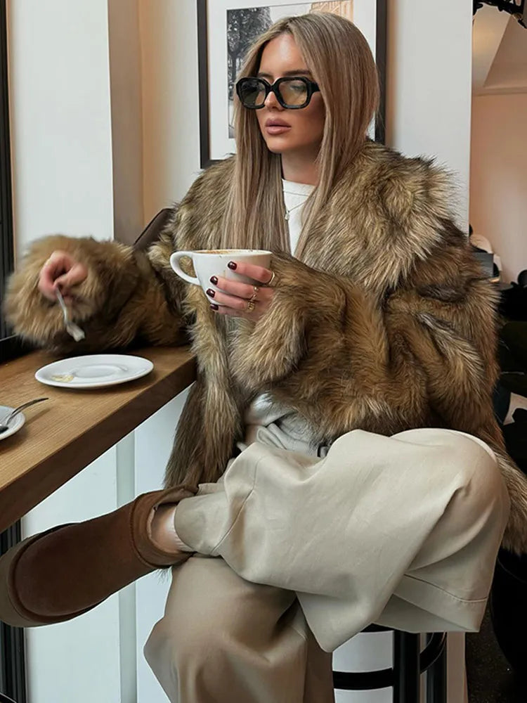Winter Luxury Lapel Thicken Fluffy Fur Coat – Chic Brown Oversized Plush Jacket Jackets LUNARITY GARAGE