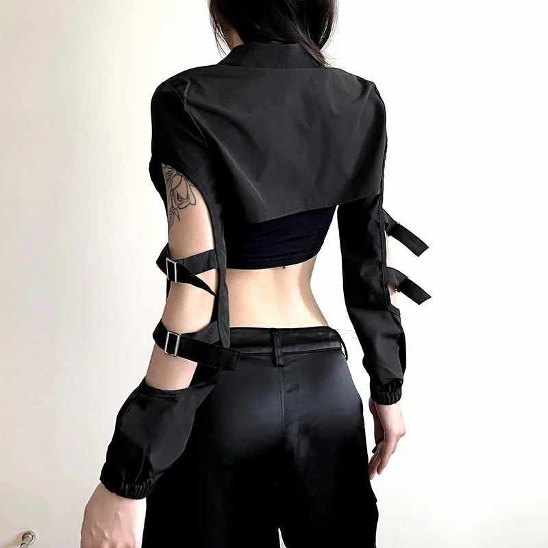 Cyber Techwear Zip-Up Turtleneck Hollow-Out Cargo Crop Jacket Jackets Lunarity Garage   