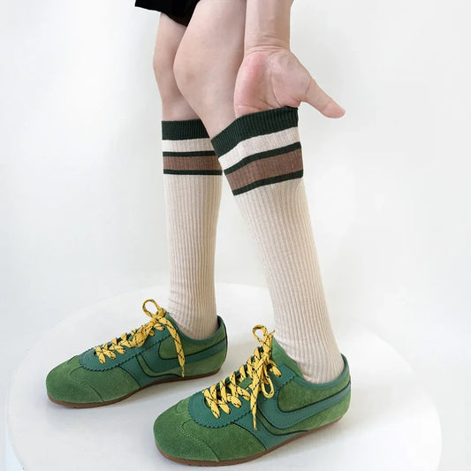 Korean Striped Calf Socks Cotton Colorblocked Knee Socks High Breathable Sport Cycling Mid-calf Socks Socks LUNARITY GARAGE beige one size 