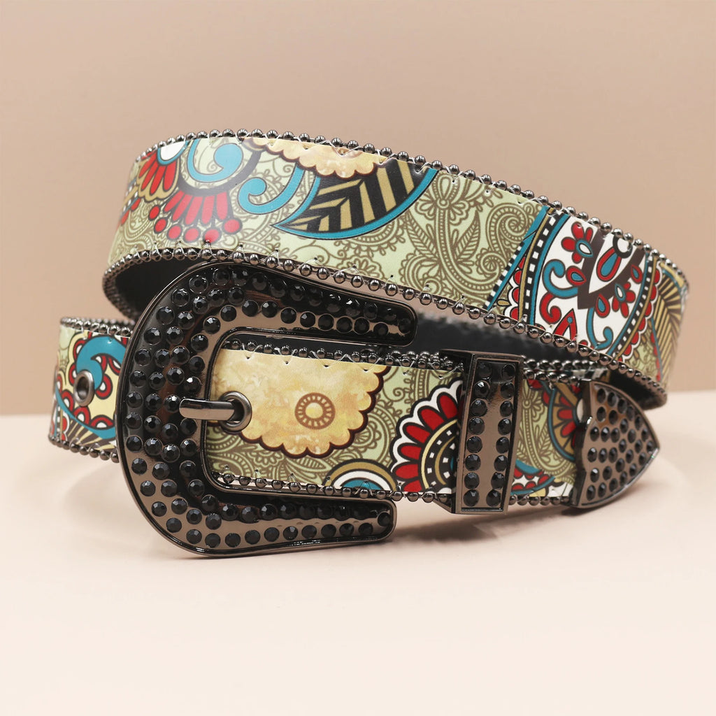 Rhinestone Belt – Chinese Style Print Punk Rock Y2K Waist Belt belt LUNARITY GARAGE Vintage 105CM