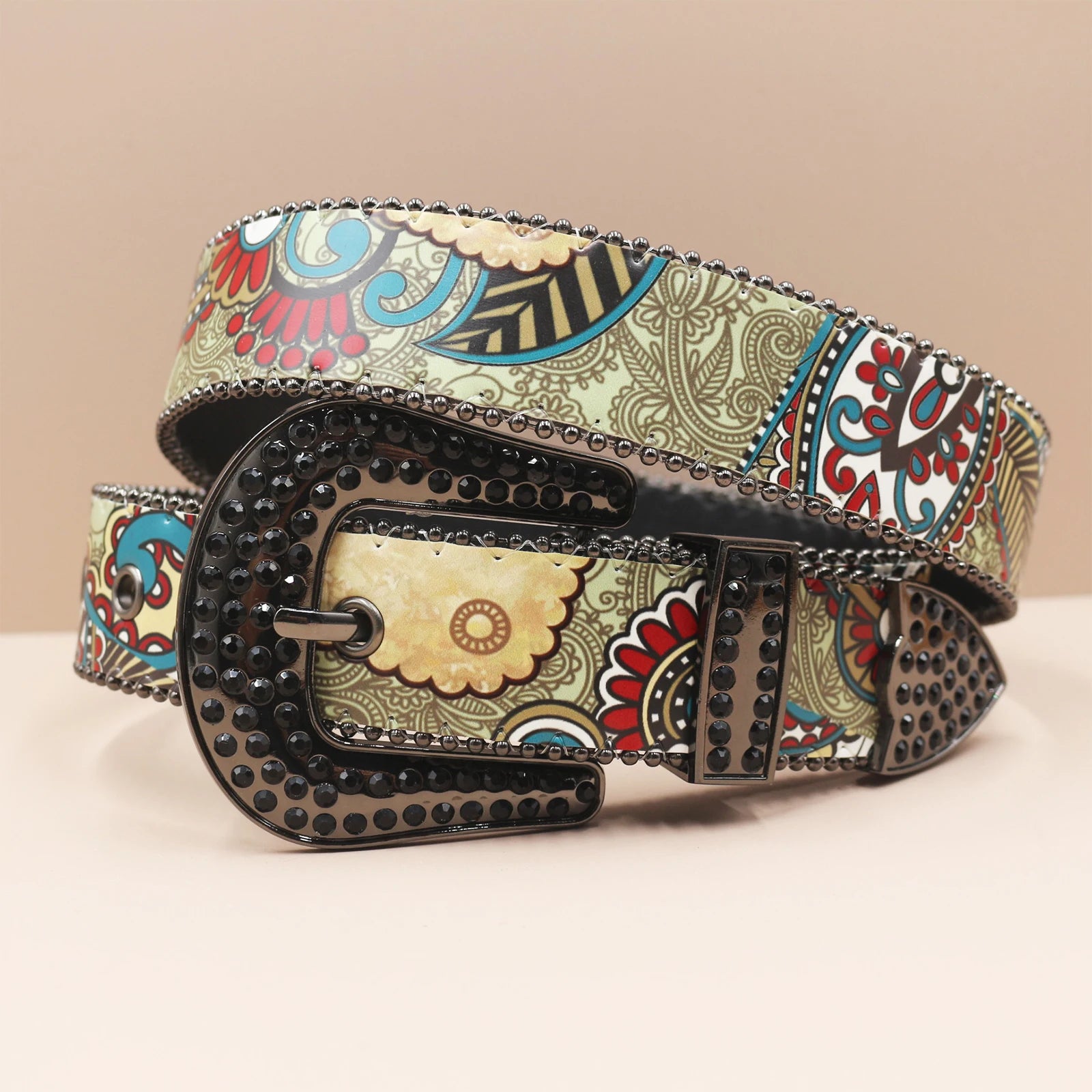Rhinestone Belt – Chinese Style Print Punk Rock Y2K Waist Belt belt LUNARITY GARAGE Vintage 105CM