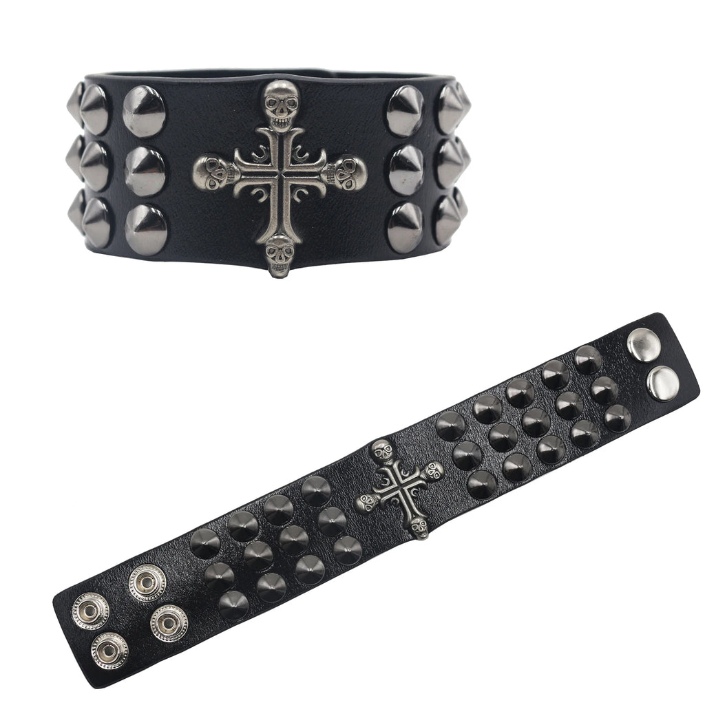 Skull Cross Rivet Wide Cuff Bracelet – Genuine Leather Punk Rock Bangle Bracelets LUNARITY GARAGE