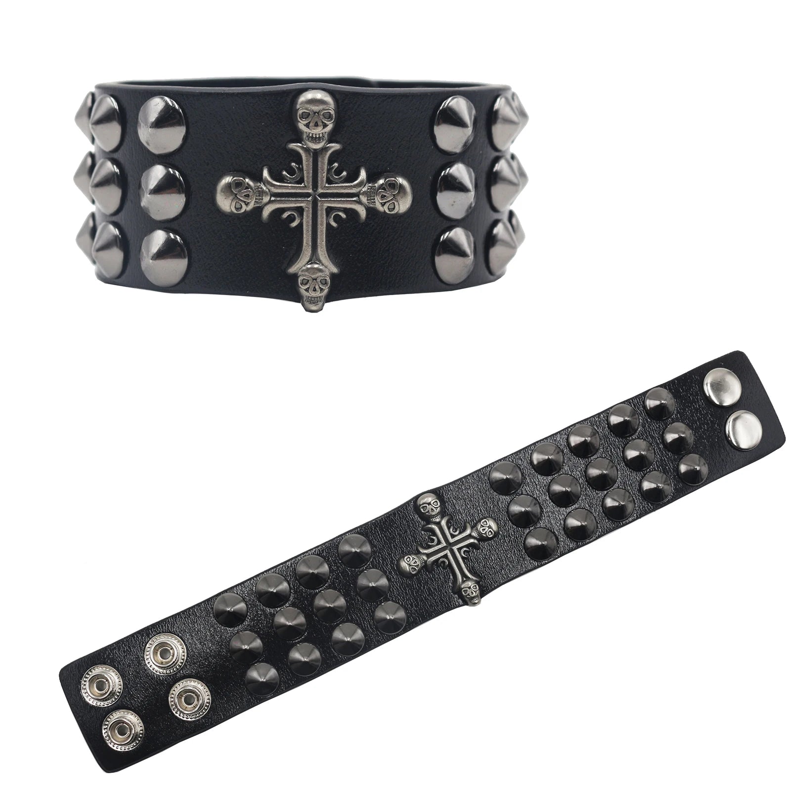 Skull Cross Rivet Wide Cuff Bracelet – Genuine Leather Punk Rock Bangle Bracelets LUNARITY GARAGE