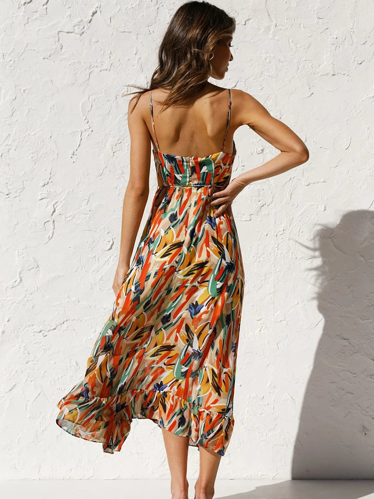 Bohemian Floral Print Mid-Calf Dress - Spaghetti Strap Sexy Casual Sundress Dress LUNARITY GARAGE
