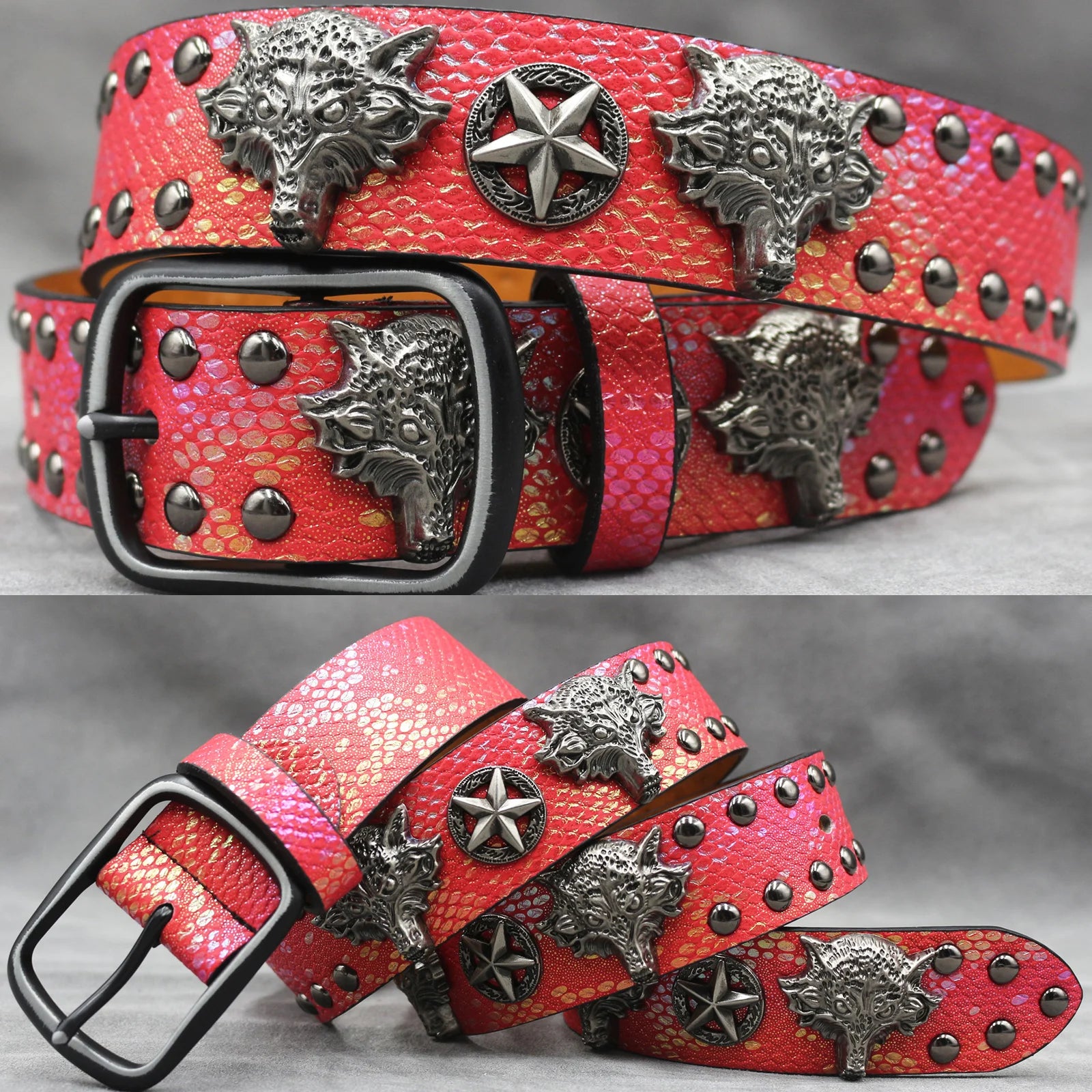 Fashion Wolf Rivet Belt – Studded Skull Punk Rock belt LUNARITY GARAGE Red 105CM