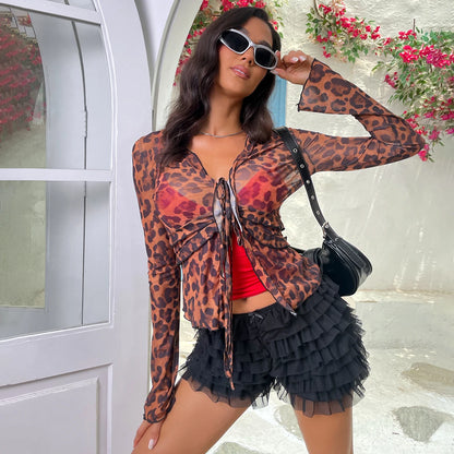 Leopard Print Sheer Mesh Top – Women's See-Through Y2K T-Shirt, Summer Streetwear Blouse & Beachwear Tops Lunarity Garage