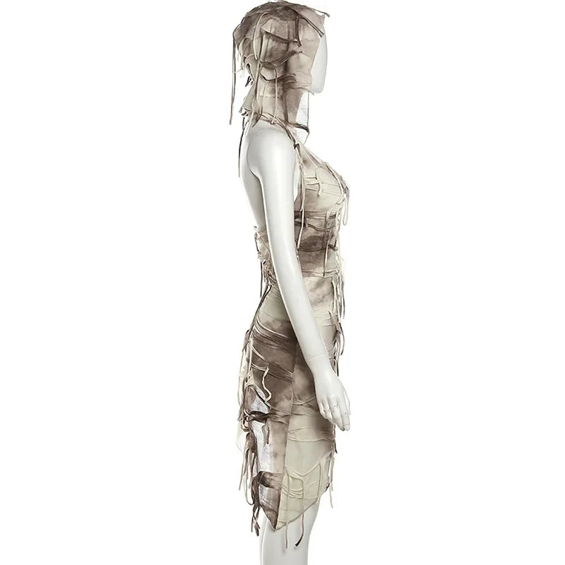 Vintage Tie-Dye Slim Fit Hooded Bodycon with Tassel Mini Dress Dress Lunarity Garage