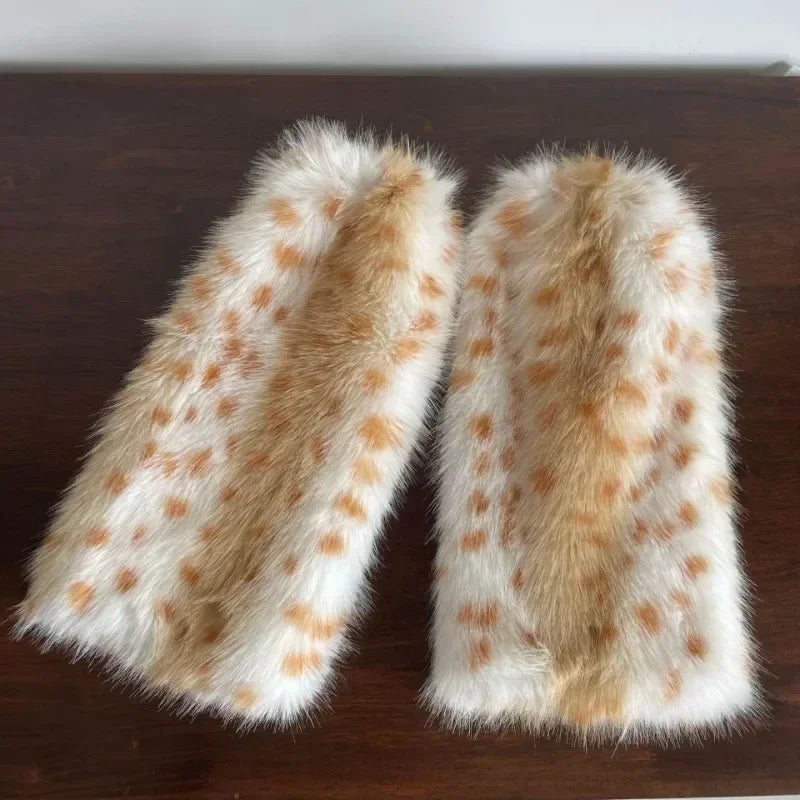 Winter Leopard Print Faux Fur Leg Warmers – Y2K Plush Punk Chain PU Belt, Harajuku Thickened Boots Cover, Fluffy Socks Leg warmer LUNARITY GARAGE yellow 40cm