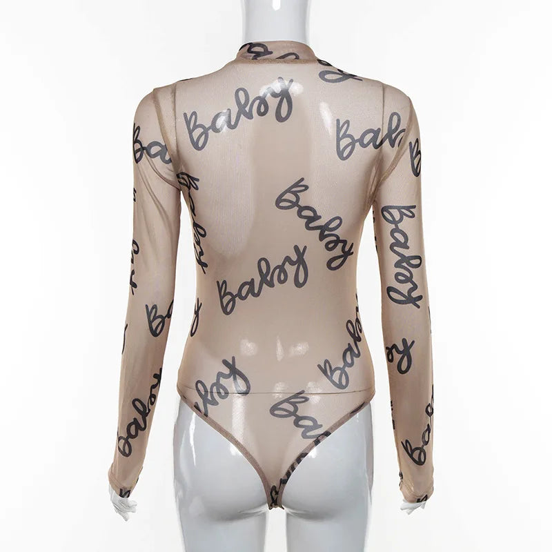 Sexy Letter Print Transparent Mesh Bodysuit - Long Sleeve See Through Romper Bodysuits LUNARITY GARAGE