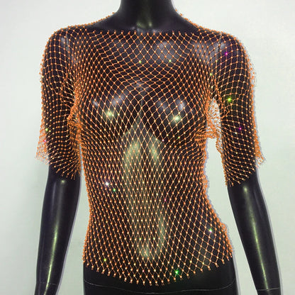 Glitter Rhinestone Fishnet Crop Top – Festival-Ready Sparkle crop top Lunarity Garage One Size Short Sleeve Orange