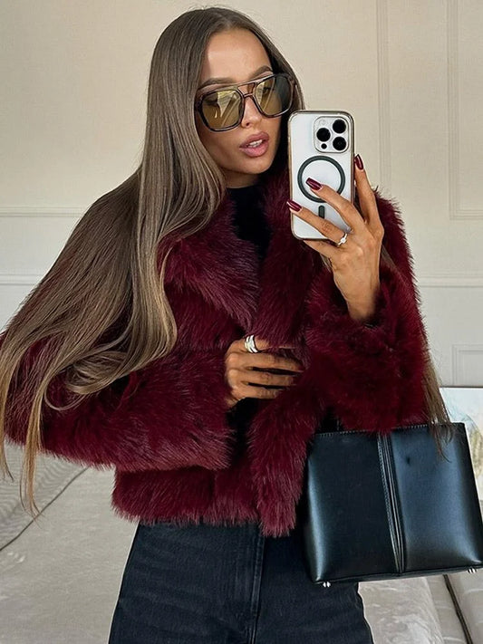 Burgundy Faux Fur Coat Vintage Long Sleeve Furry Warm Jackets Fashion Casual Women Coats 2024 Autumn High Street Lady Outerwear Jackets LUNARITY GARAGE