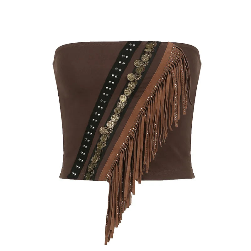 Exotic Ethnic Style Strapless Fringed Top with Metal Retro Decoration – Slim Fit Indie Folk Y2K Tank Tops LUNARITY GARAGE Crop S
