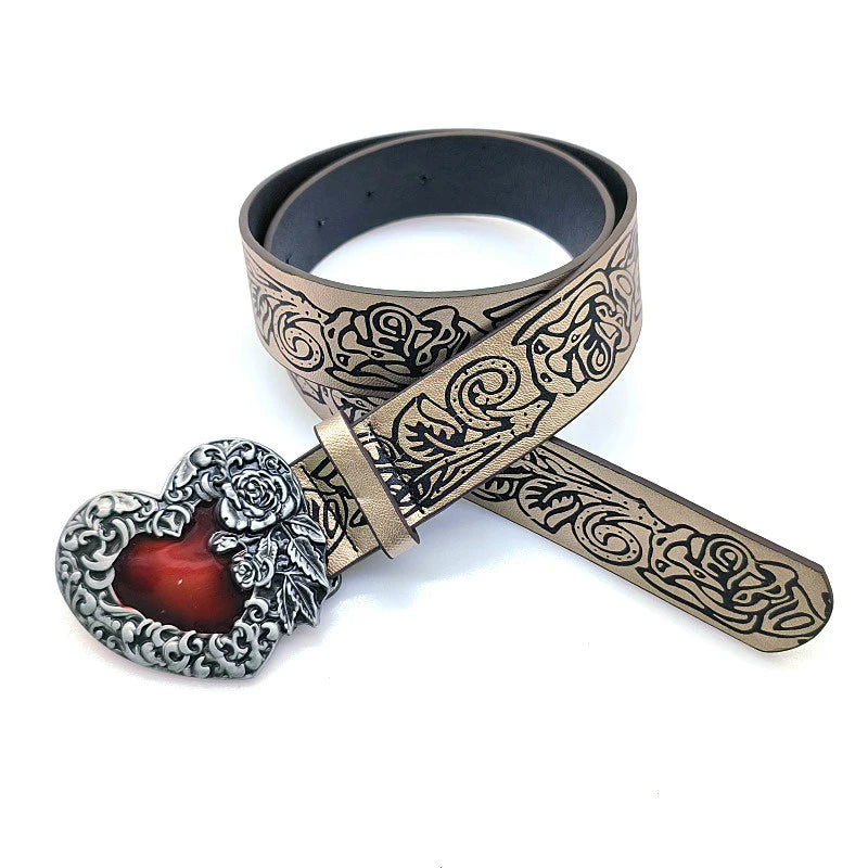 Gothic Punk Y2K Heart Buckle Belt - Red Peach Leather Waistband for Women Belt LUNARITY GARAGE