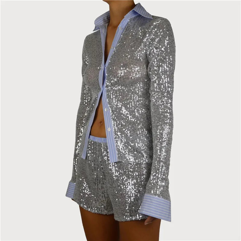 Silver Glitter Two Piece Shorts Set - Contrast Color Shirt & Sparkle Shorts Clothing Set LUNARITY GARAGE