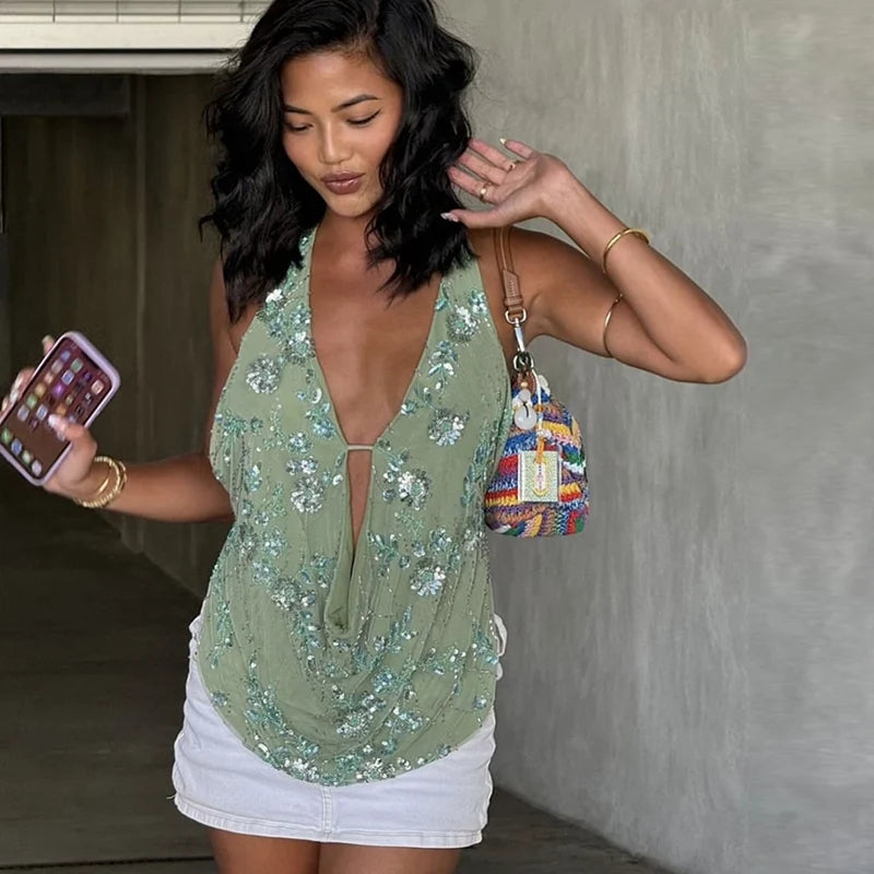 Sequin Mesh Plunge Halter Crop Top - Sexy Backless Party Tank Tank top LUNARITY GARAGE