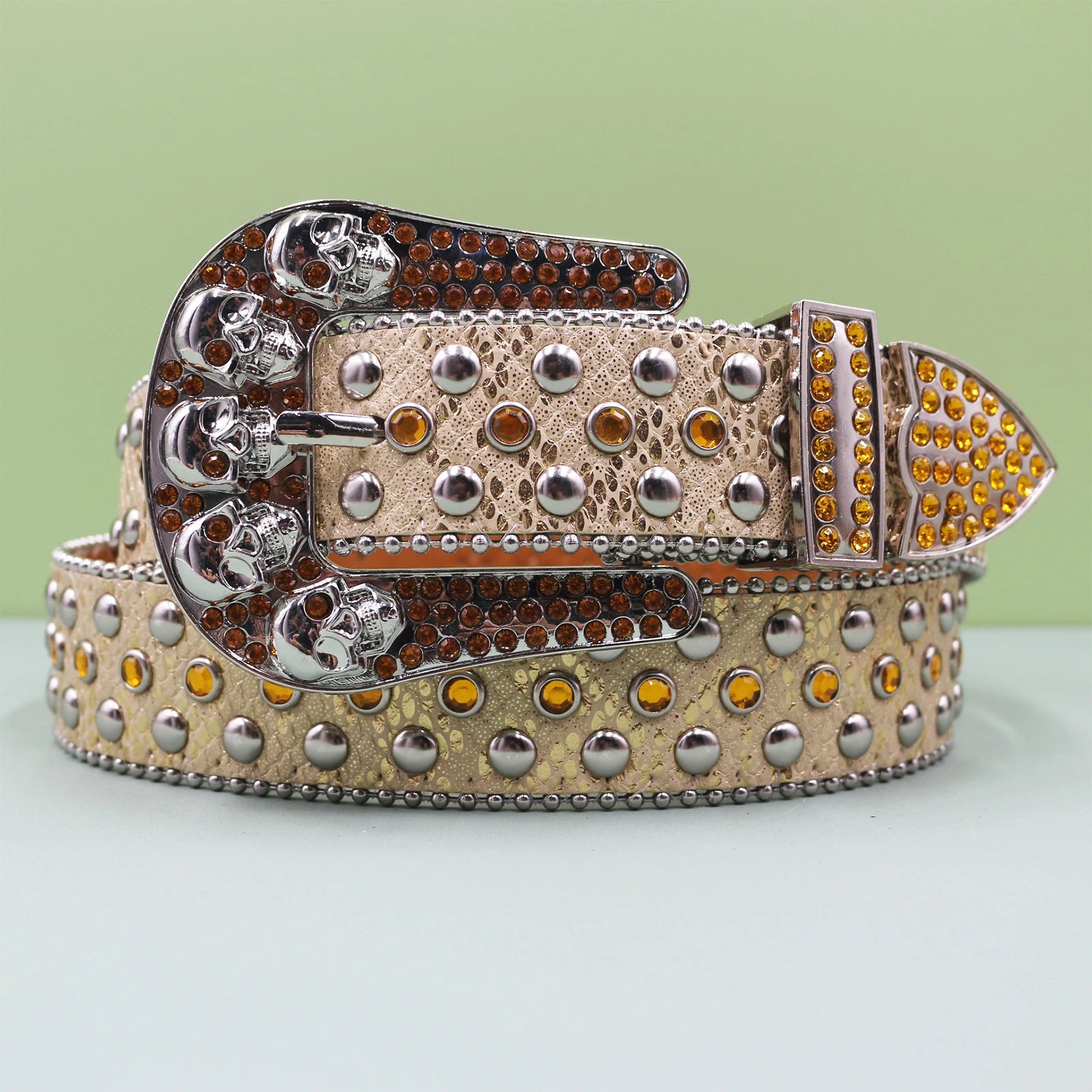 Women’s Punk Skull Pin Buckle Belt – Vintage Rivet Style belt LUNARITY GARAGE Gold 125CM